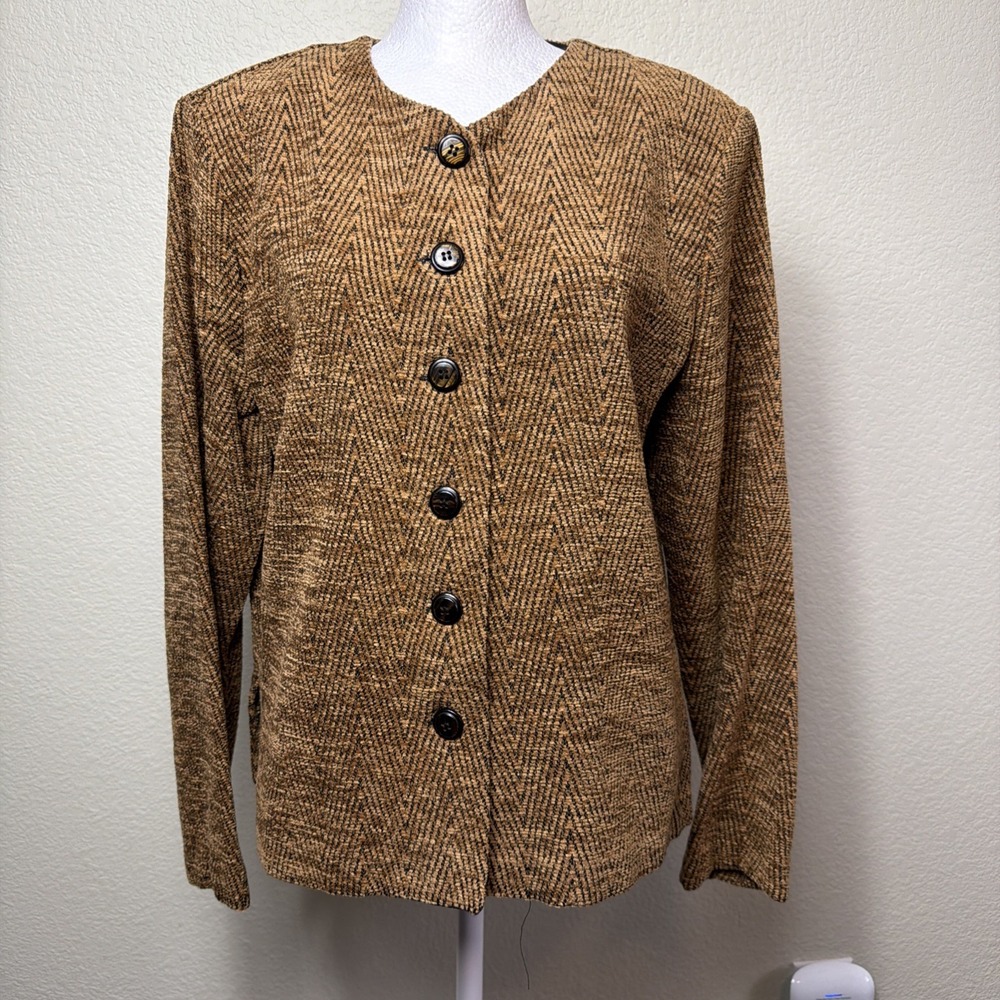 First Option Blazer Womens Small Vintage 90s Brown Herringbone Knit Jacket Coat